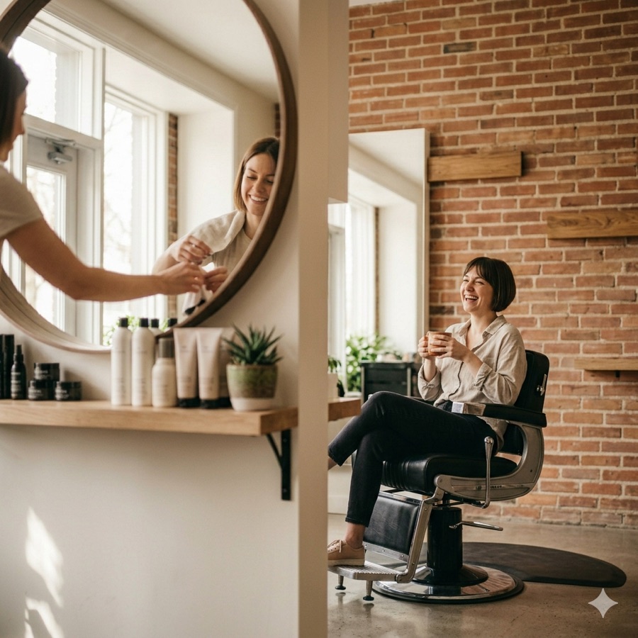 A stylist and client at the mirror